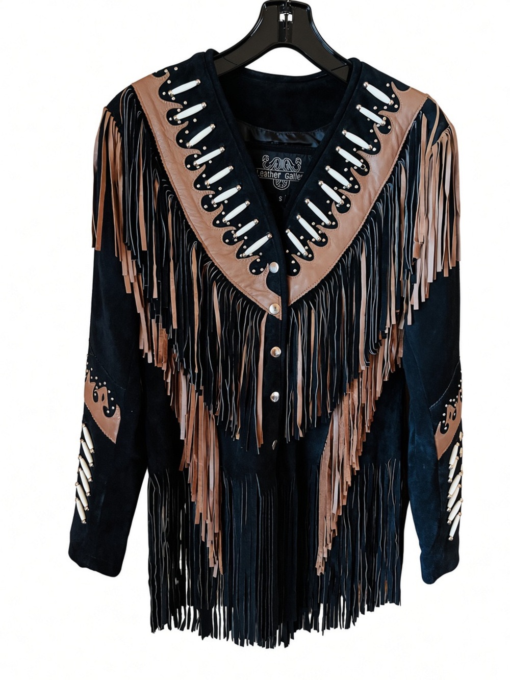 Fringed Black Suede Leather Jacket with Brown Accents